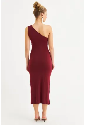Kadın Bordo Tek Omuz Büzgülü Midi Elbise DMR294-90
