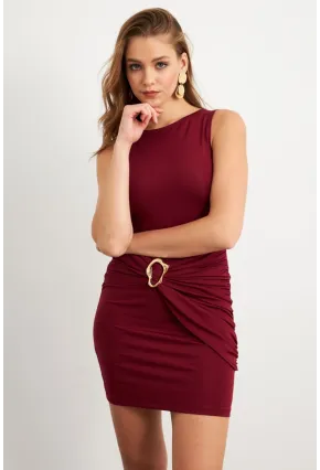 Kadın Bordo Toka Detaylı Büzgülü Mini Elbise KED2365