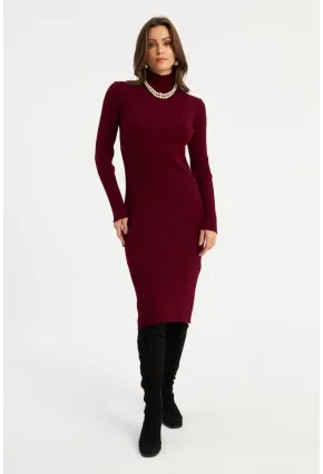 Kadın Bordo Triko Midi Elbise YV303