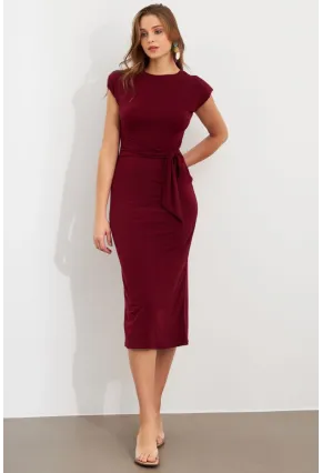 Kadın Bordo Vatkalı Kuşaklı Midi Elbise UG713