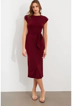 Kadın Bordo Vatkalı Kuşaklı Midi Elbise UG713