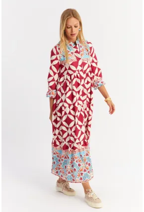 Kadın Bordo Volanlı Desenli Maxi Elbise MYLE14