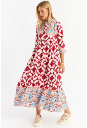 Kadın Bordo Volanlı Desenli Maxi Elbise MYLE14