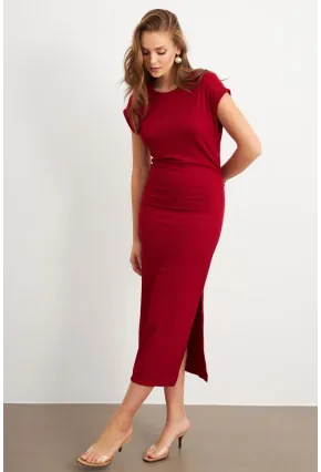 Kadın Bordo Yanları Büzgülü Midi Elbise MK35