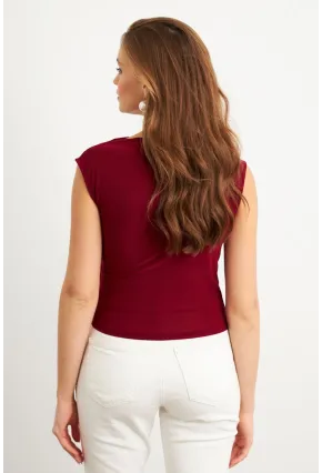 Kadın Bordo Yarım Balıkçı Desenli Bluz LPP1205