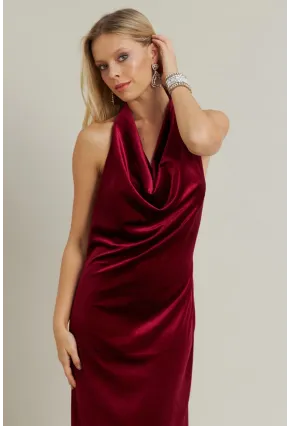 Kadın Bordo Yılbaşı Degaje Yaka Uzun Elbise GÇ197