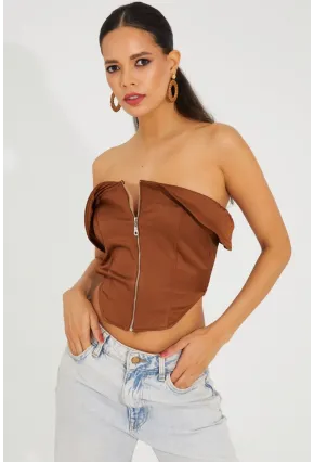 Kadın Bronz Fermuarlı Straplez Crop Bluz SF2502