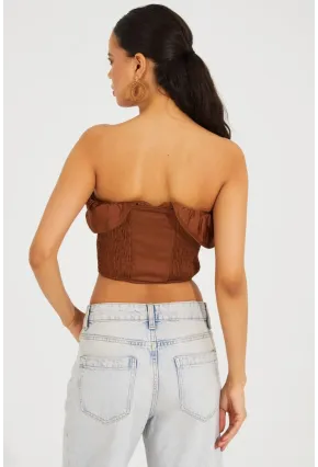 Kadın Bronz Fermuarlı Straplez Crop Bluz SF2502