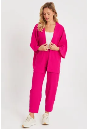 Kadın Bürümcük Kimono Takım Fuşya Q983