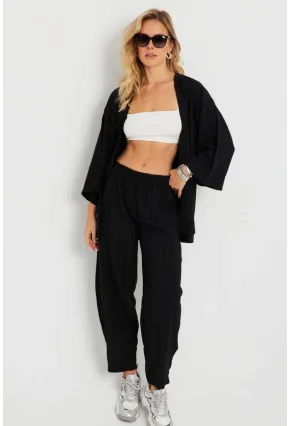 Kadın Bürümcük Kimono Takım Siyah Q983
