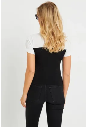 Kadın Büzgülü T-Shirt Bluz Siyah-Beyaz KS117