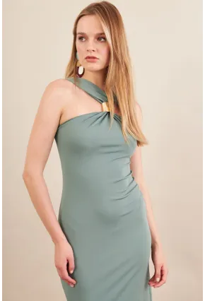 Kadın Çağla Yeşili Aksesuarlı Midi Elbise İRE101