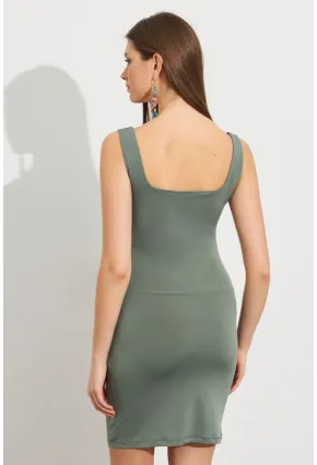 Kadın Çağla Yeşili Kare Yaka Büzgülü Mini Elbise FRY2308