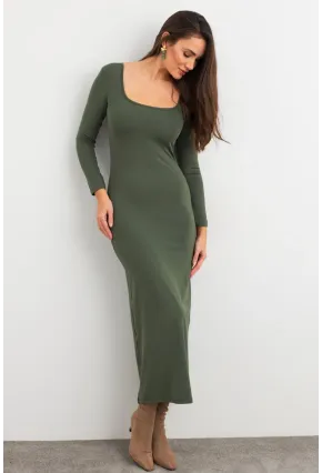 Kadın Çağla Yeşili Kare Yaka Midi Elbise XC8102