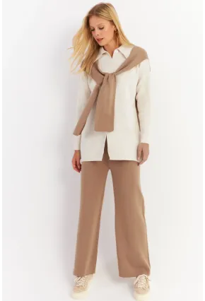 Kadın Camel Atkılı Triko Hırka Alt Üst Takım NUV20