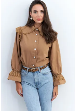 Kadın Camel Bebe Yaka Dantelli Gömlek MQS1839