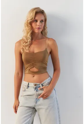 Kadın Camel Büzgülü Crop Bluz MSH125