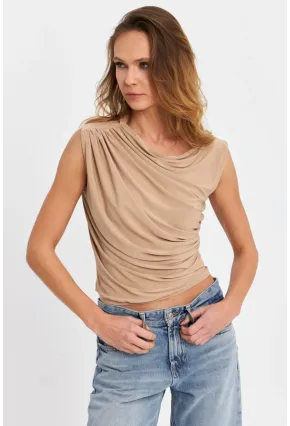 Kadın Camel Büzgülü Kolsuz Bluz LPP1205-90