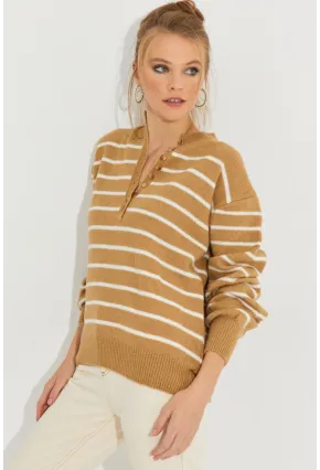 Kadın Camel Çizgili Triko Kazak SMT219