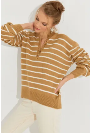 Kadın Camel Çizgili Triko Kazak SMT219