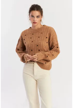 Kadın Camel Çizgili Yırtık Triko Kazak PP2342