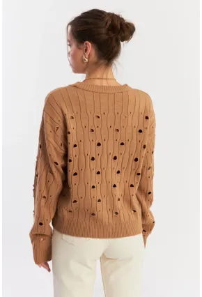 Kadın Camel Çizgili Yırtık Triko Kazak PP2342