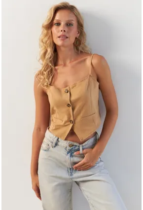 Kadın Camel Düğmeli İp Askılı Yelek MP20153