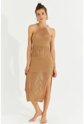 Kadın Camel Halter Yaka Ajurlu Midi Elbise SF2506