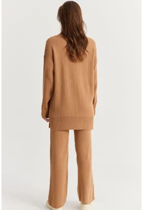Kadın Camel İnci Düğmeli Hırka Triko Alt Üst Takım NUV26