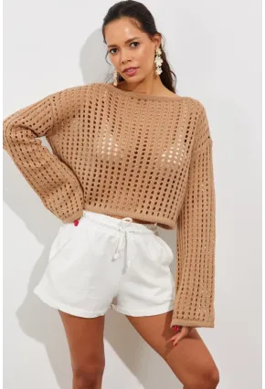 Kadın Camel İspanyol Kol Ajurlu Triko Kısa Bluz SMT181