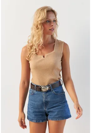 Kadın Camel Kare Yaka Triko Bluz SMT243