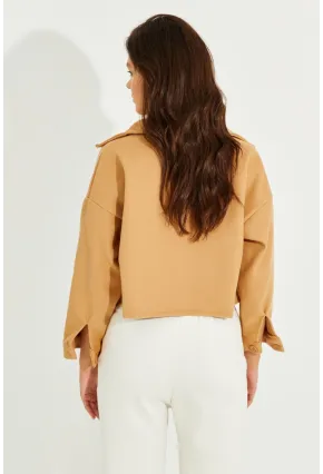 Kadın Camel Kaşe Cepli Kısa Ceket PP2444