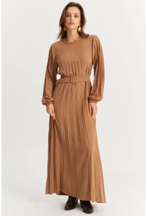 Kadın Camel Kemerli Plili Maxi Elbise ALZ500