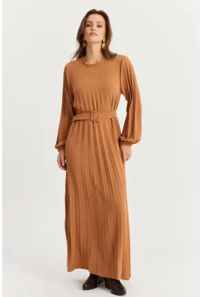 Kadın Camel Kemerli Plili Maxi Elbise ALZ500