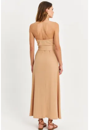 Kadın Camel Kruvaze Bürümcük Maxi Elbise EY3053