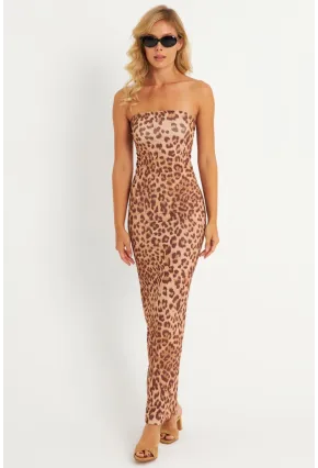 Kadın Camel Leopar Desenli Midi Straplez Yılbaşı Elbise XC001