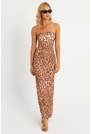 Kadın Camel Leopar Desenli Midi Straplez Yılbaşı Elbise XC001