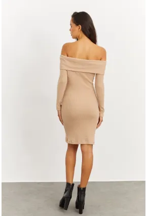 Kadın Camel Madonna Yaka Kaşkorse Elbise CG272