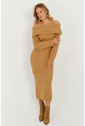 Kadın Camel Madonna Yaka Triko Midi Elbise KZ2503