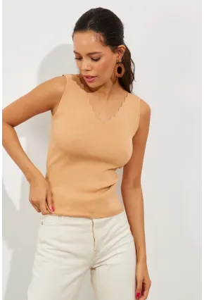 Kadın Camel Merdiven Yaka Triko Bluz YV83