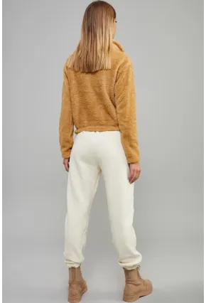 Kadın Camel Önü Fermuarlı Crop Peluş Sweatshirt DA85