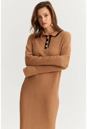 Kadın Camel Polo Yaka Triko Maxi Elbise MNUV17