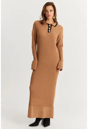 Kadın Camel Polo Yaka Triko Maxi Elbise MNUV17