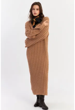 Kadın Camel Saç Örgülü Triko Midi Elbise KZ541