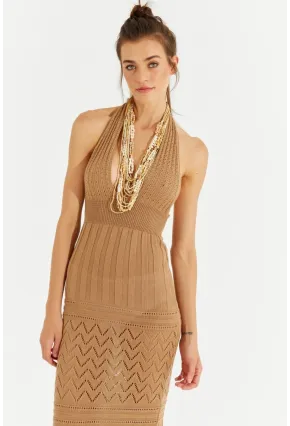 Kadın Camel Sırtı Açık Triko Maxi Elbise SF2505