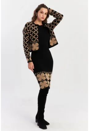 Kadın Camel-Siyah Alt Üst Triko Desenli Takım NUV2028