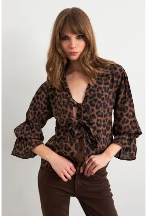 Kadın Camel-Siyah Bağlama Detaylı Leopar Gömlek FS9340