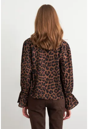 Kadın Camel-Siyah Bağlama Detaylı Leopar Gömlek FS9340