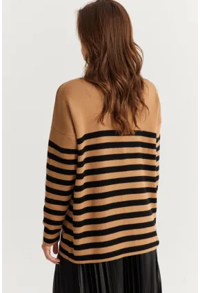 Kadın Camel-Siyah Çizgili Triko Hırka CNG3