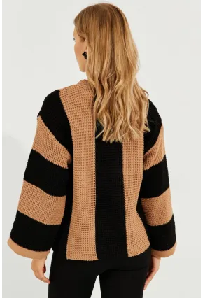 Kadın Camel-Siyah Çizgili Triko Kazak SF2507
